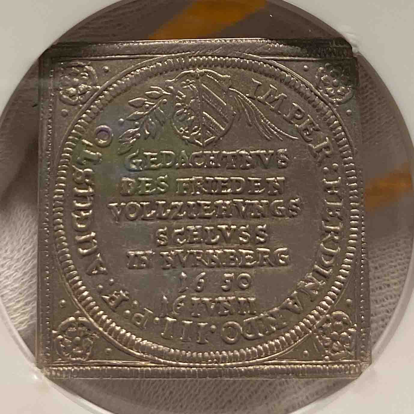 Holy Roman Empire 1650 Nurnberg Klippe 3 Ducat (Pattern) AU-55