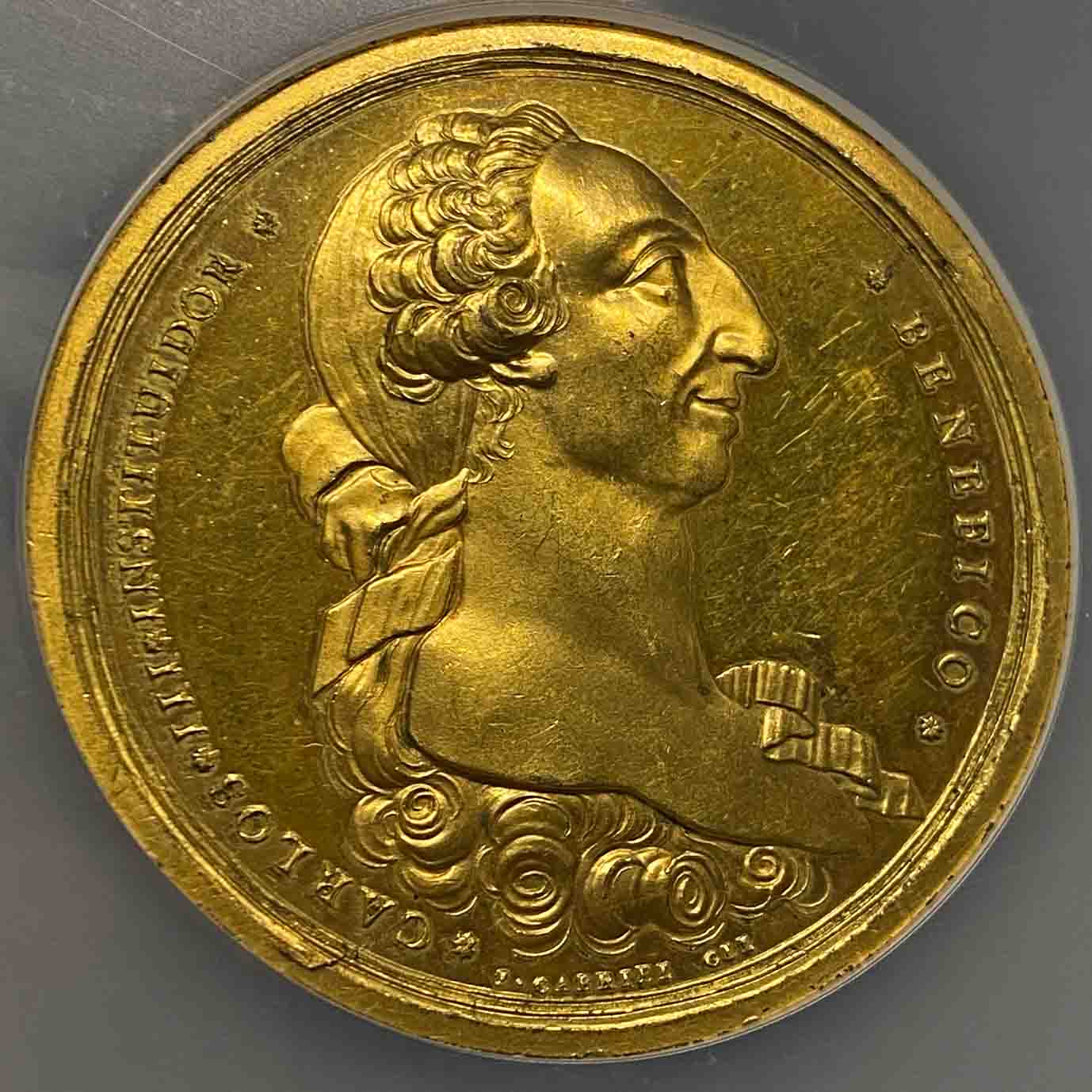 Philippine Carlos III Bronze Gilt Manila Industry Medal (Pattern) 1782 MS-63