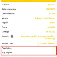 【Higher Grade】 50 Sen “3 Spines” 1871 (Meiji 4) MS65 PL  (001-0127)