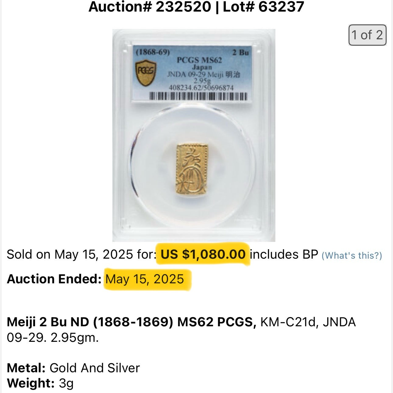 [001-0034] Meiji 2 Bu Gold AU-53 (single-sided pearl-framed)