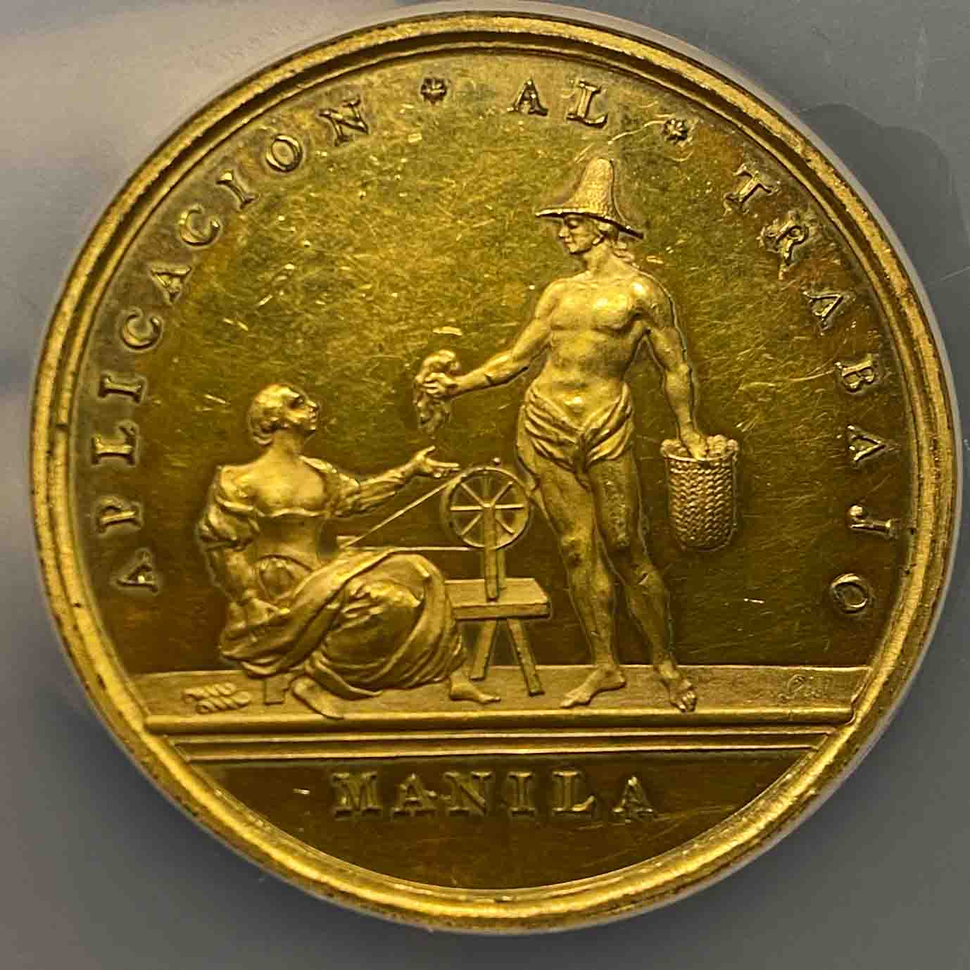 Philippine Carlos III Bronze Gilt Manila Industry Medal (Pattern) 1782 MS-63 