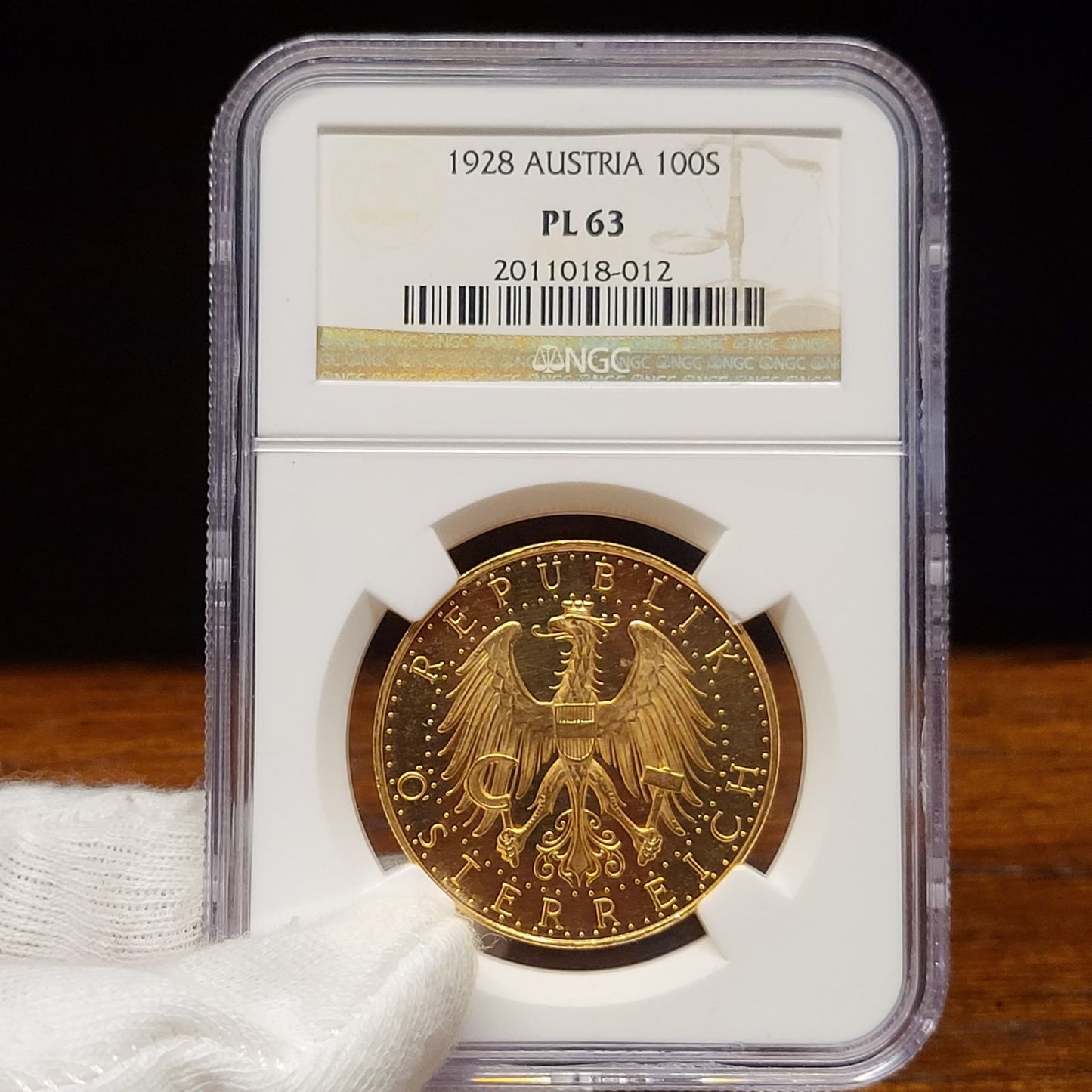 Austria Republic gold Prooflike 100 Schilling 1928 PL63 