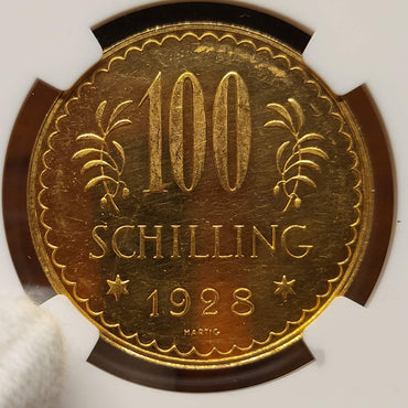 Austria Republic gold Prooflike 100 Schilling 1928 PL63