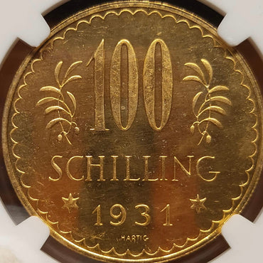 Austria Republic gold Prooflike 100 Schilling 1931 PL63